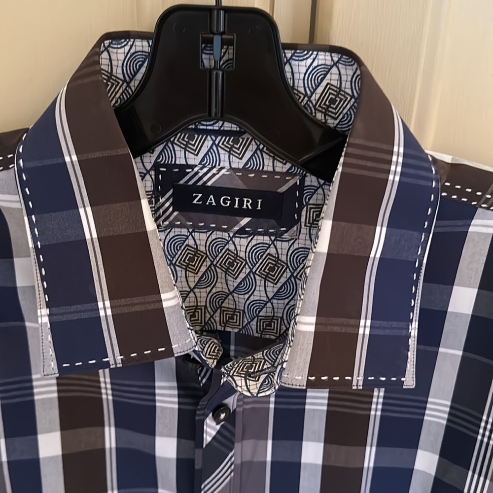 Zagiri Mens Buttondown Blues, Browns, White Stitching BEAUTIFUL XL - Picture 2 of 9